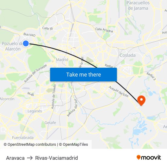 Aravaca to Rivas-Vaciamadrid map