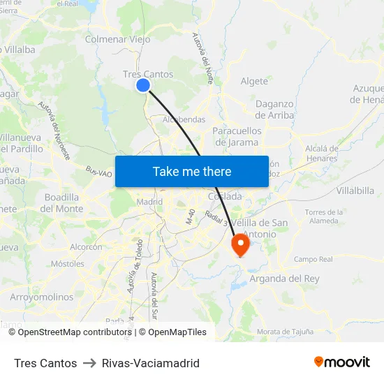 Tres Cantos to Rivas-Vaciamadrid map