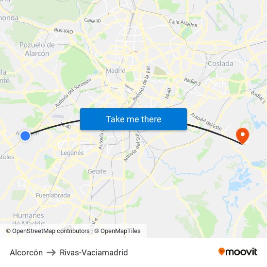 Alcorcón to Rivas-Vaciamadrid map