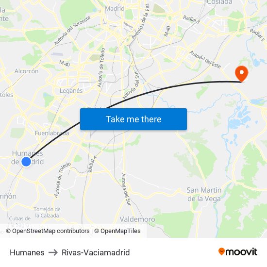 Humanes to Rivas-Vaciamadrid map