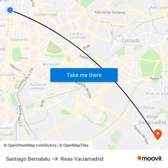 Santiago Bernabéu to Rivas-Vaciamadrid map