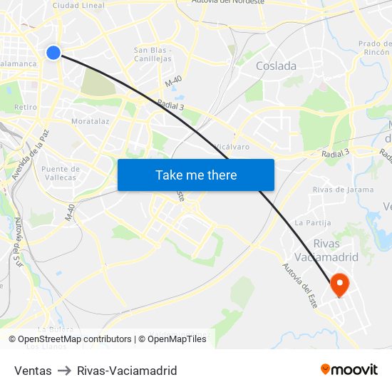 Ventas to Rivas-Vaciamadrid map