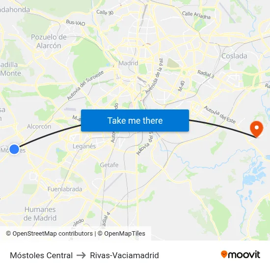 Móstoles Central to Rivas-Vaciamadrid map