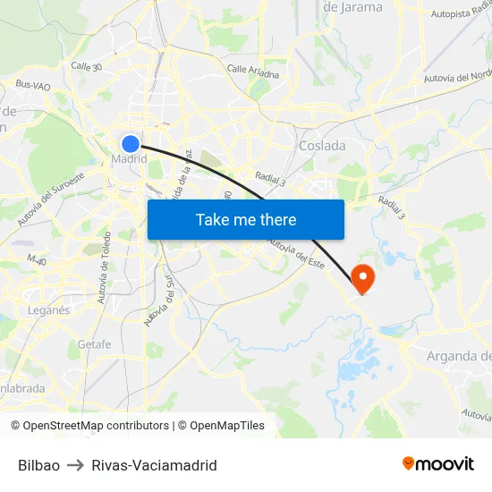 Bilbao to Rivas-Vaciamadrid map