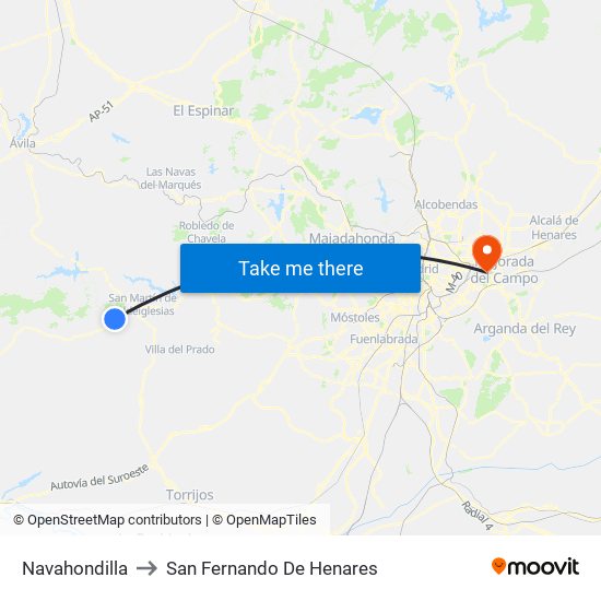 Navahondilla to San Fernando De Henares map