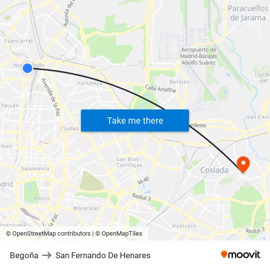 Begoña to San Fernando De Henares map