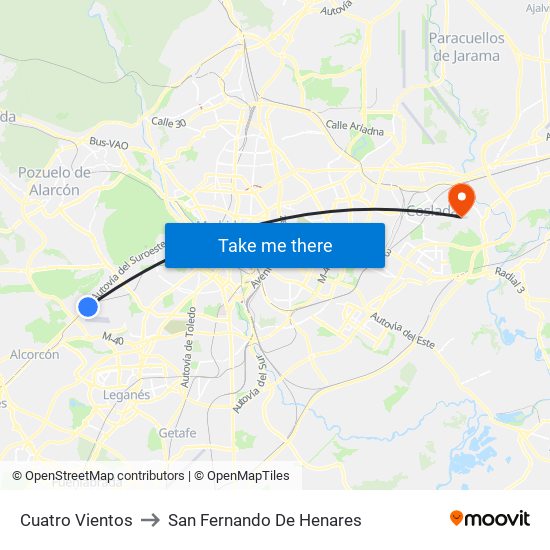 Cuatro Vientos to San Fernando De Henares map