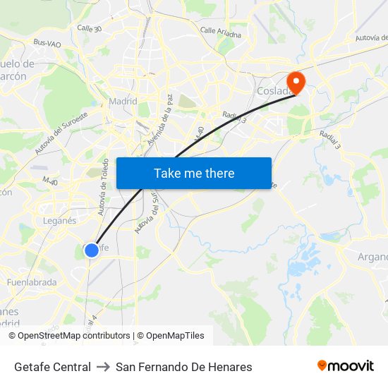 Getafe Central to San Fernando De Henares map