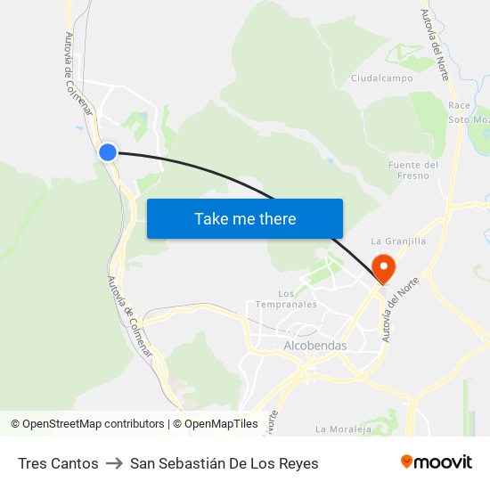 Tres Cantos to San Sebastián De Los Reyes map