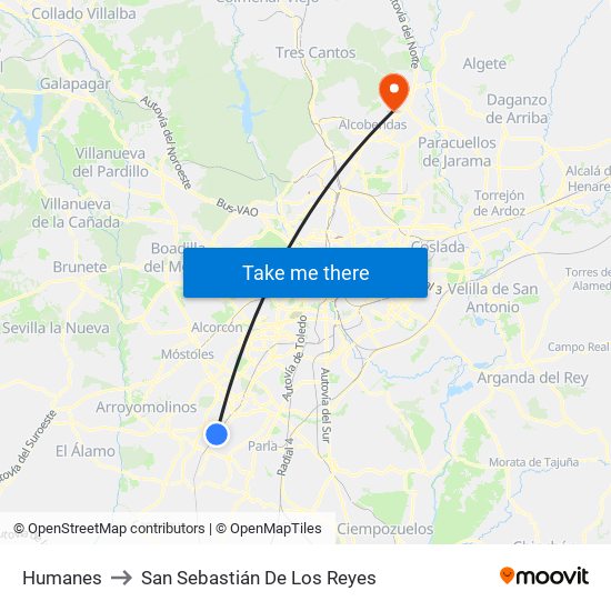 Humanes to San Sebastián De Los Reyes map
