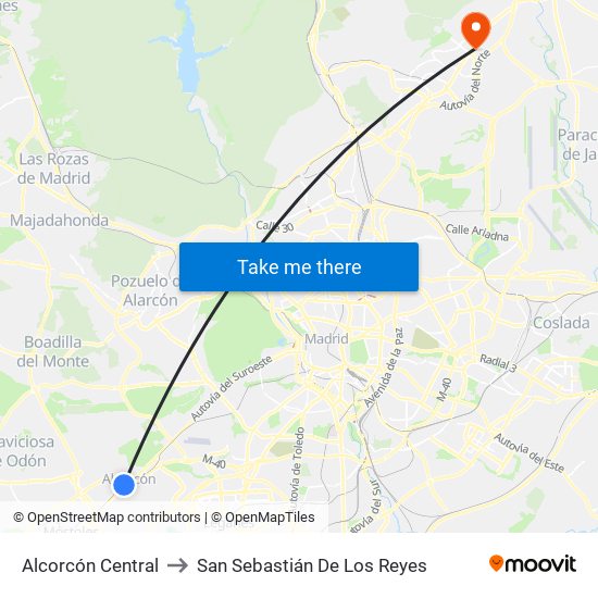 Alcorcón Central to San Sebastián De Los Reyes map