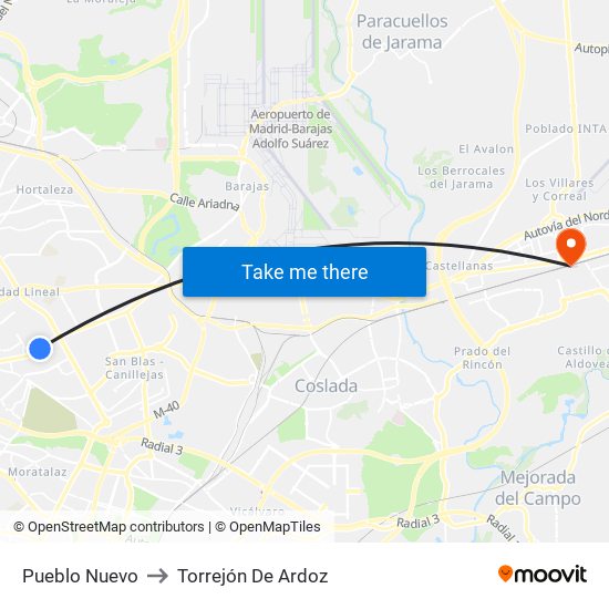 Pueblo Nuevo to Torrejón De Ardoz map