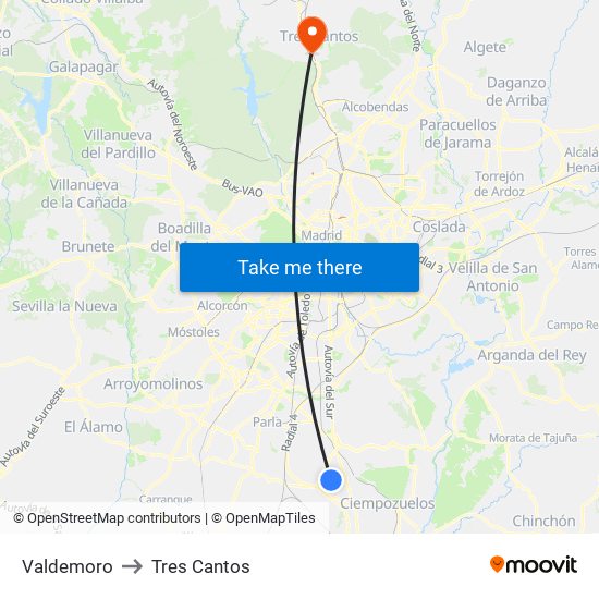 Valdemoro to Tres Cantos map