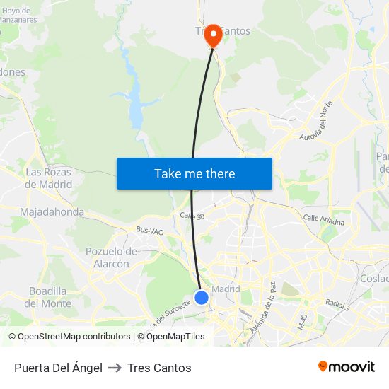 Puerta Del Ángel to Tres Cantos map