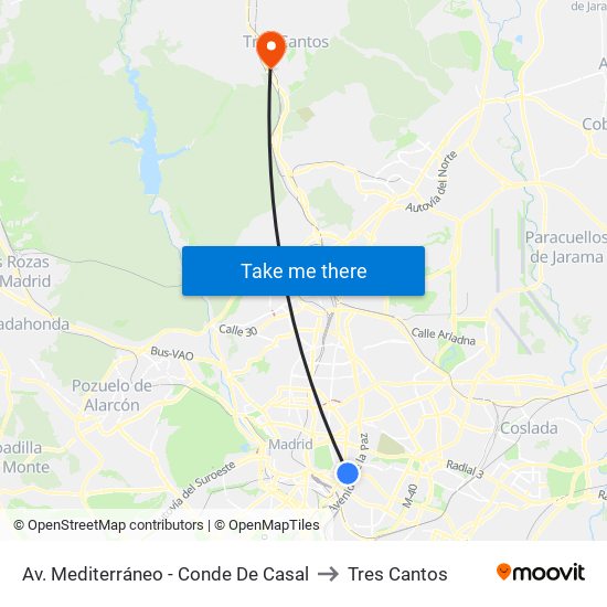 Av. Mediterráneo - Conde De Casal to Tres Cantos map