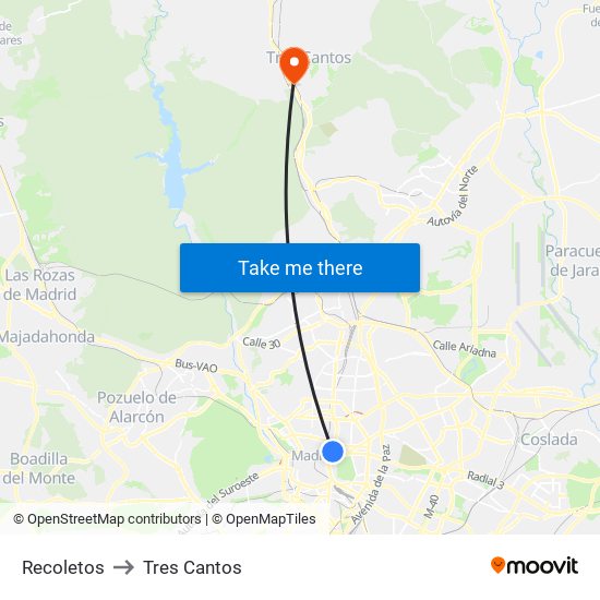 Recoletos to Tres Cantos map