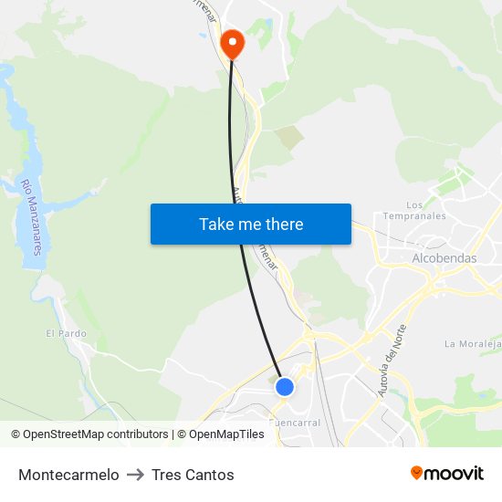 Montecarmelo to Tres Cantos map