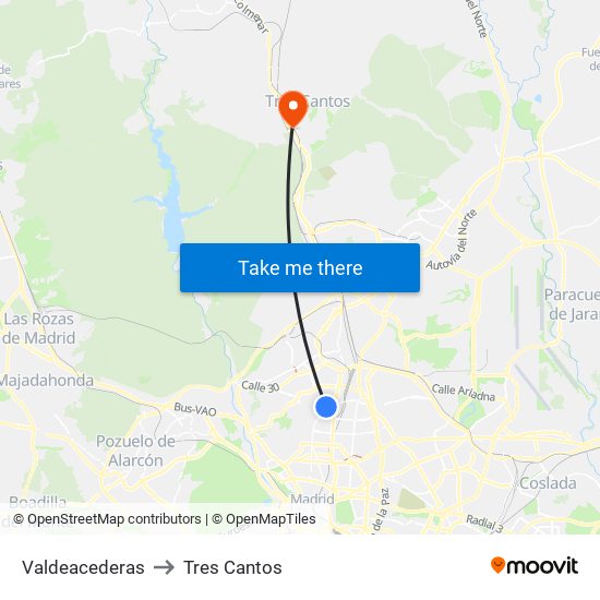 Valdeacederas to Tres Cantos map