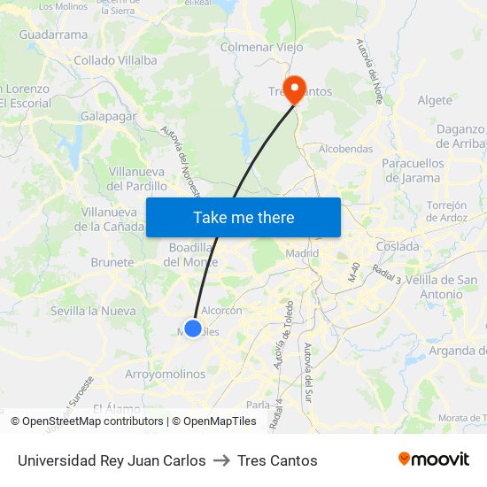 Universidad Rey Juan Carlos to Tres Cantos map