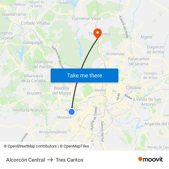 Alcorcón Central to Tres Cantos map
