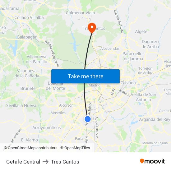Getafe Central to Tres Cantos map