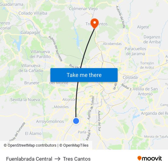 Fuenlabrada Central to Tres Cantos map