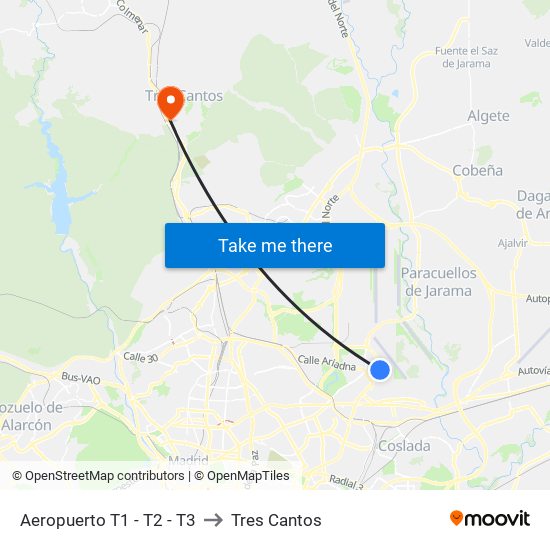 Aeropuerto T1 - T2 - T3 to Tres Cantos map