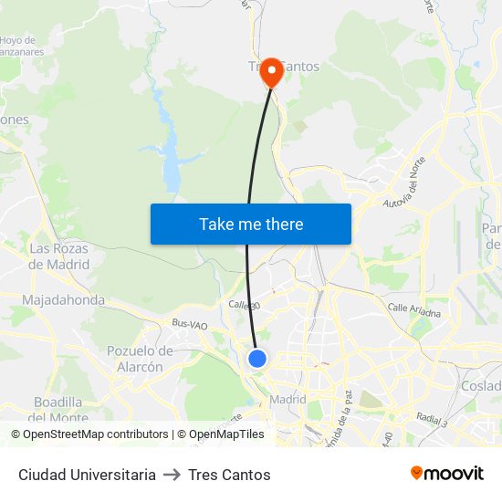 Ciudad Universitaria to Tres Cantos map