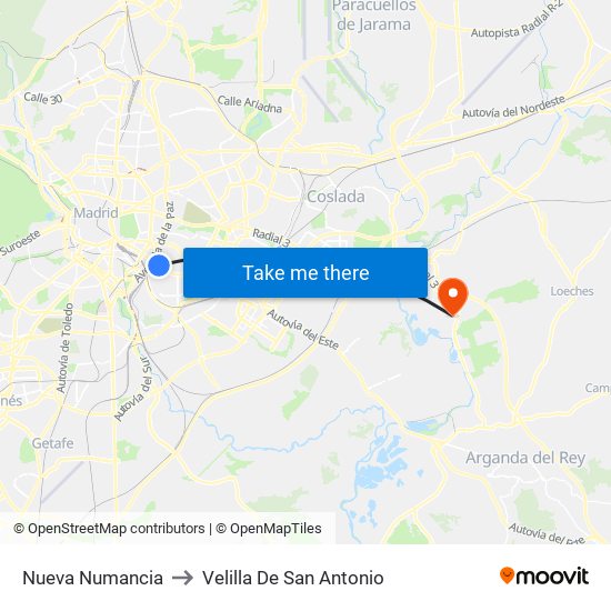 Nueva Numancia to Velilla De San Antonio map