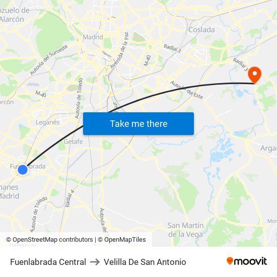 Fuenlabrada Central to Velilla De San Antonio map