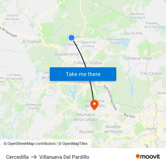 Cercedilla to Villanueva Del Pardillo map