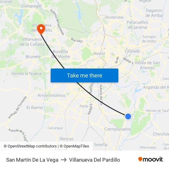San Martín De La Vega to Villanueva Del Pardillo map