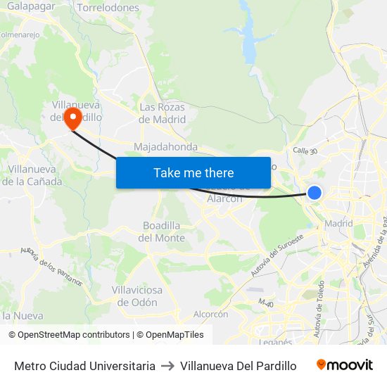 Metro Ciudad Universitaria to Villanueva Del Pardillo map