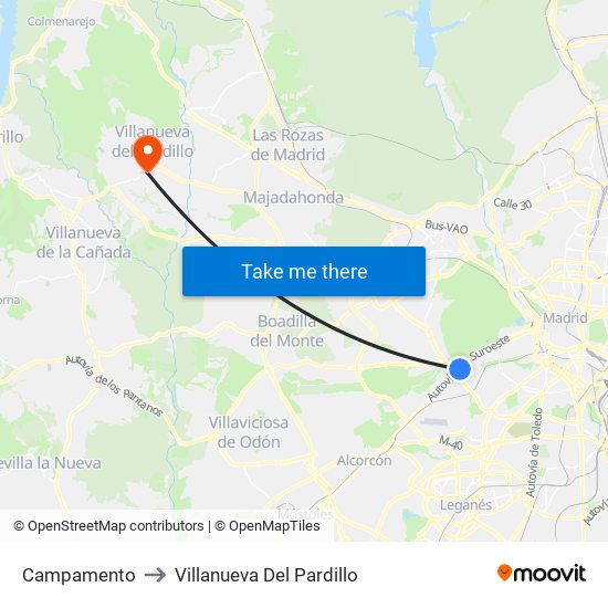Campamento to Villanueva Del Pardillo map
