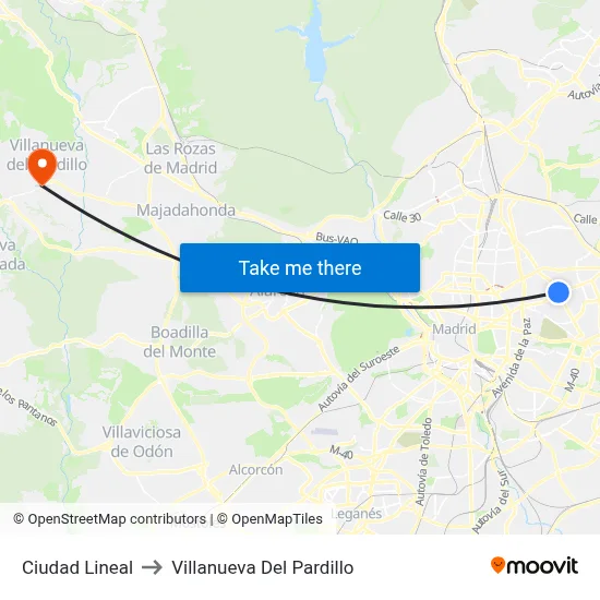 Ciudad Lineal to Villanueva Del Pardillo map