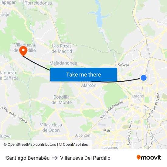 Santiago Bernabéu to Villanueva Del Pardillo map