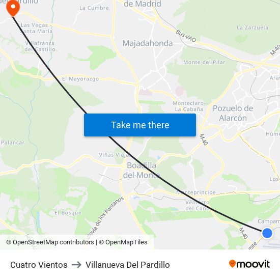 Cuatro Vientos to Villanueva Del Pardillo map