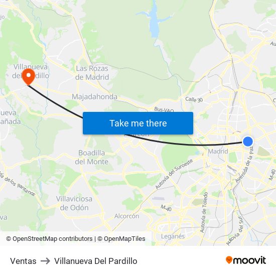 Ventas to Villanueva Del Pardillo map