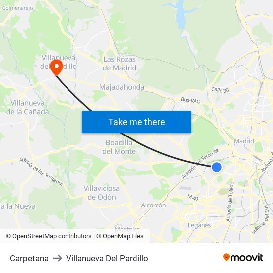 Carpetana to Villanueva Del Pardillo map