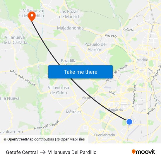 Getafe Central to Villanueva Del Pardillo map