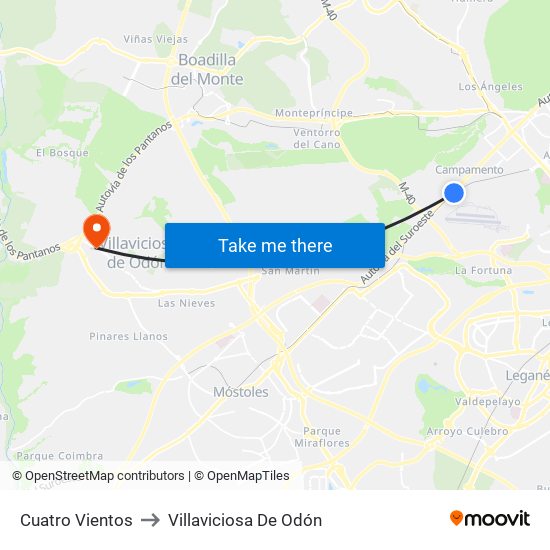 Cuatro Vientos to Villaviciosa De Odón map
