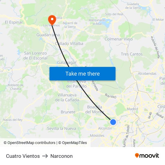 Cuatro Vientos to Narconon map