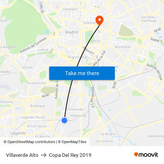 Villaverde Alto to Copa Del Rey 2019 map