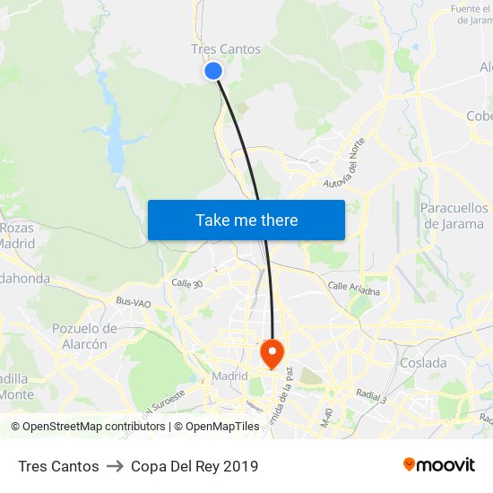 Tres Cantos to Copa Del Rey 2019 map