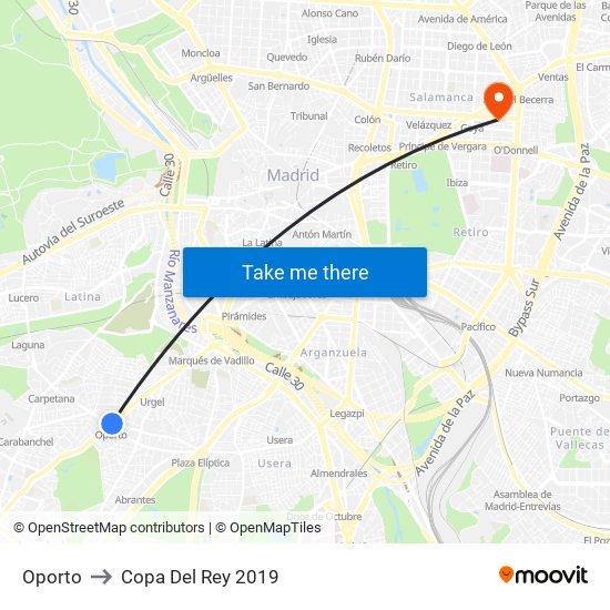 Oporto to Copa Del Rey 2019 map