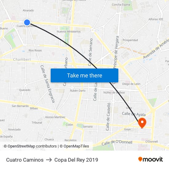 Cuatro Caminos to Copa Del Rey 2019 map