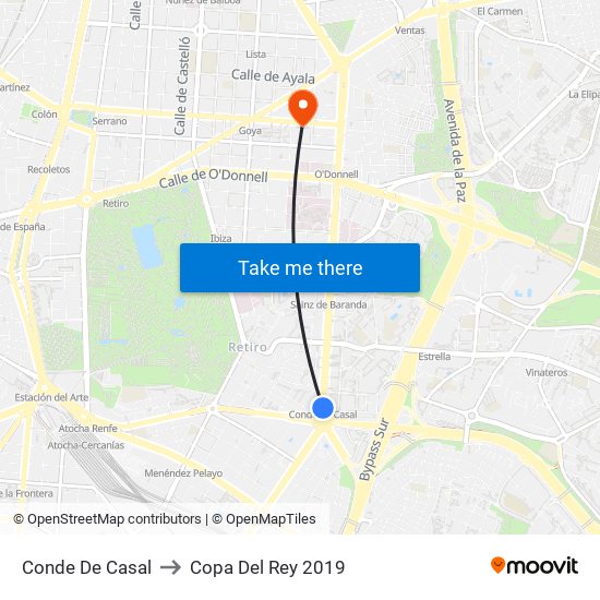 Conde De Casal to Copa Del Rey 2019 map