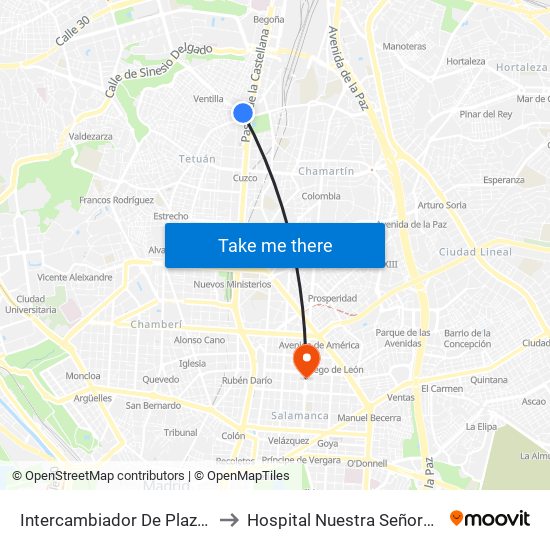 Intercambiador De Plaza De Castilla to Hospital Nuestra Señora Del Rosario map