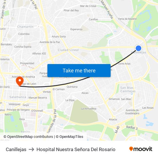 Canillejas to Hospital Nuestra Señora Del Rosario map