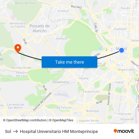 Sol to Hospital Universitario HM Montepríncipe map